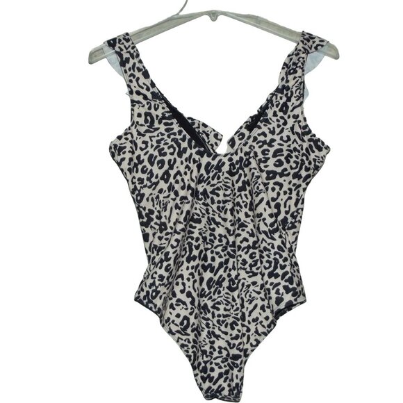 Swimsuit Size Large animal print  Black Beige One piece Swim Suit v-neck ruffle - Picture 7 of 14